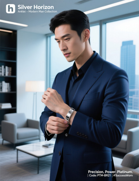 Businessman in navy suit adjusting cuff in office lounge wearing solid platinum bracelet with brushed metal finish Businessman in navy suit adjusting cuff in office lounge wearing solid platinum bracelet with brushed metal finish