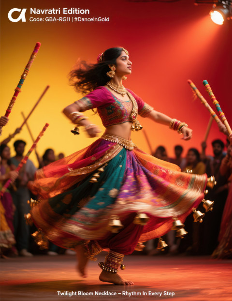Young woman mid spin in garba dance wearing rose gold anklets with ghungroo bells sparkling in motion during festive night Young woman mid spin in garba dance wearing rose gold anklets with ghungroo bells sparkling in motion during festive night