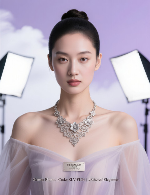 Model in off shoulder dress wearing delicate silver filigree necklace with floral detail Model in off shoulder dress wearing delicate silver filigree necklace with floral detail