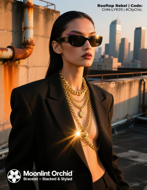 Bold model in golden hour light wearing layered gold chains on rooftop Bold model in golden hour light wearing layered gold chains on rooftop
