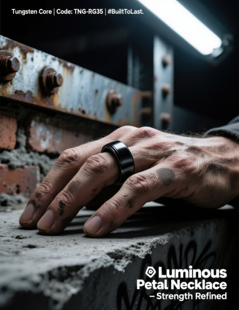 Masculine hand on concrete surface wearing black tungsten ring Masculine hand on concrete surface wearing black tungsten ring