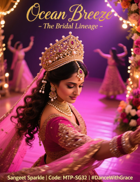 Bride dancing at sangeet in pearl kundan matha patti under glowing lights Bride dancing at sangeet in pearl kundan matha patti under glowing lights