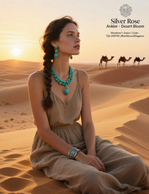 Woman in desert sunset wearing turquoise bead necklace and earrings Woman in desert sunset wearing turquoise bead necklace and earrings