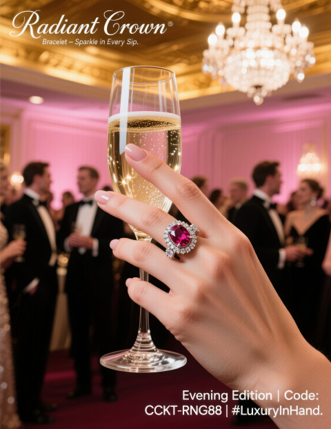 Elegant woman holding champagne glass with ruby diamond cocktail ring at luxury gala Elegant woman holding champagne glass with ruby diamond cocktail ring at luxury gala