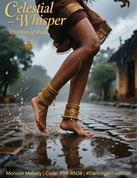 Barefoot girl splashing rain puddles wearing antique gold anklets Barefoot girl splashing rain puddles wearing antique gold anklets