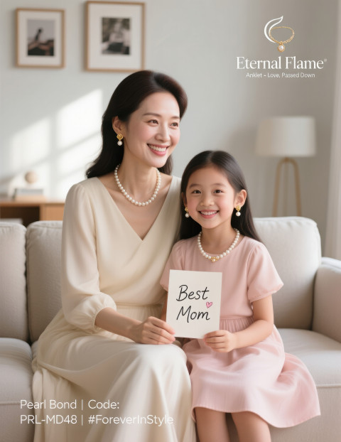 Mother and daughter smiling at home in matching pearl necklaces and earrings Mother and daughter smiling at home in matching pearl necklaces and earrings
