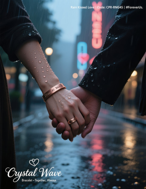 Couple holding hands in rain with engraved rose gold rings Couple holding hands in rain with engraved rose gold rings