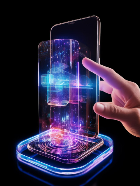 A photo of a hologram transparent glass display with a coming out of mobile digital tranparent glob, finance stock photo Get unlimited access to a library of free ai prompts and ai images to help you generate creative ideas.