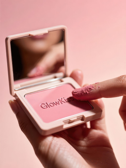Hand swatching rosy pink blush compact with soft gradient backdrop Hand swatching rosy pink blush compact with soft gradient backdrop