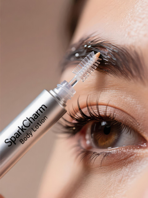 Macro view of eyebrow gel wand brushing brow hairs with glossy bristles Macro view of eyebrow gel wand brushing brow hairs with glossy bristles