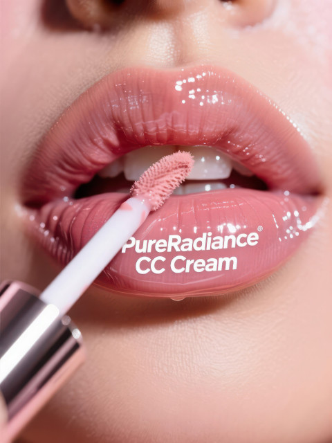 Close up glossy lips with pink nude shine as lip gloss wand applies smooth coat Close up glossy lips with pink nude shine as lip gloss wand applies smooth coat