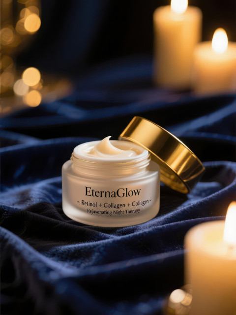 Luxurious night cream jar with golden lid on navy velvet backdrop Luxurious night cream jar with golden lid on navy velvet backdrop