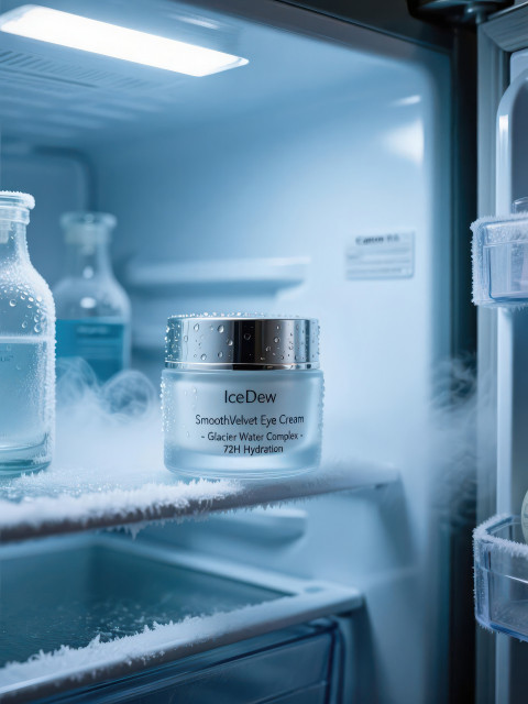 Frosted glass moisturizer jar with silver lid inside cool fridge Frosted glass moisturizer jar with silver lid inside cool fridge
