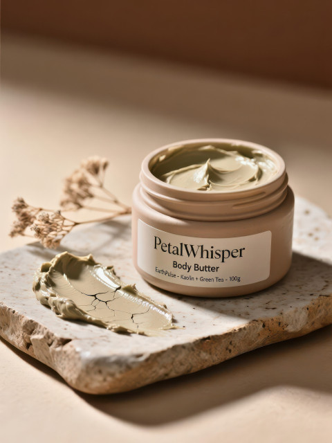 Clay mask jar on handmade ceramic slab with rich textured smear and dried botanicals Clay mask jar on handmade ceramic slab with rich textured smear and dried botanicals