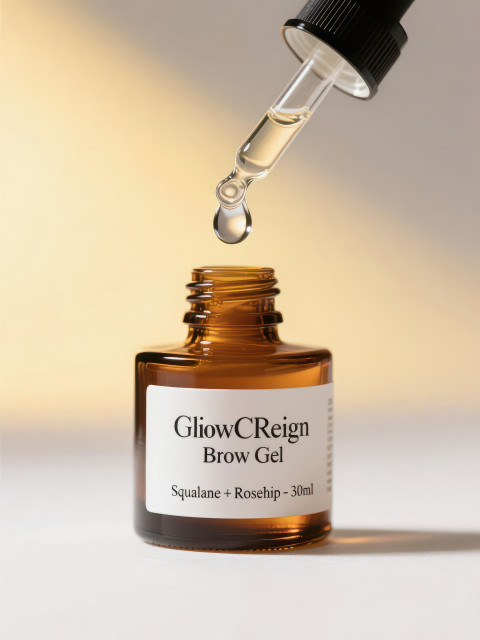 Facial oil bottle with glass dropper releasing suspended droplet in mid air against glowing white backdrop Facial oil bottle with glass dropper releasing suspended droplet in mid air against glowing white backdrop