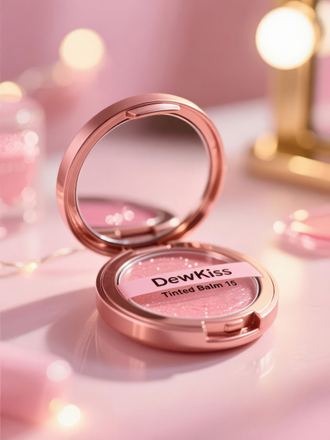 Rose gold compact lip balm with mirror reflecting soft lights Rose gold compact lip balm with mirror reflecting soft lights