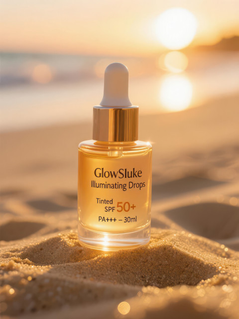 Tinted sunscreen dropper bottle on golden sand glowing at sunset with warm backlight and soft flare Tinted sunscreen dropper bottle on golden sand glowing at sunset with warm backlight and soft flare