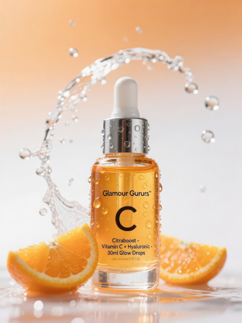 Vitamin c serum bottle with citrus water splash and fresh orange slices Vitamin c serum bottle with citrus water splash and fresh orange slices