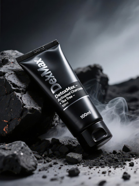 Black charcoal mask tube on rugged volcanic rocks with ash and mist Black charcoal mask tube on rugged volcanic rocks with ash and mist