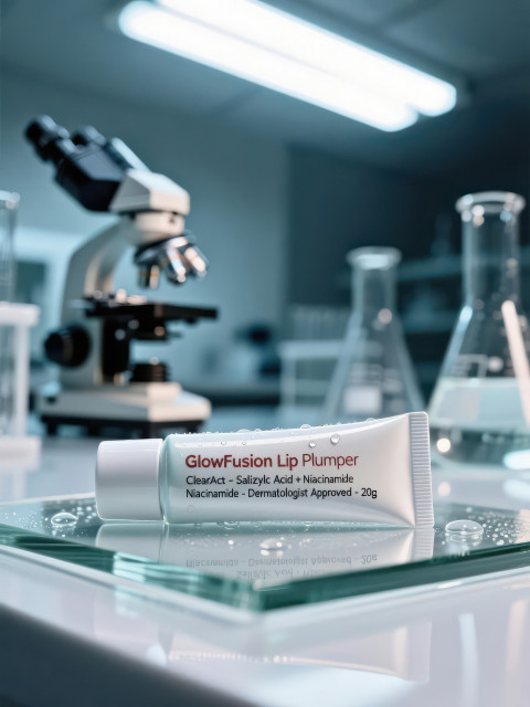 Clean anti acne gel tube on glass with lab tools blurred behind Clean anti acne gel tube on glass with lab tools blurred behind