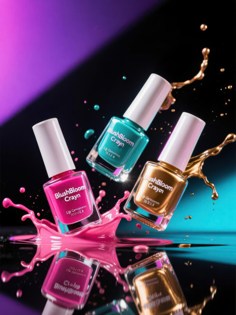 Colorful nail polish bottles fall mid air with glossy splash on black surface Colorful nail polish bottles fall mid air with glossy splash on black surface