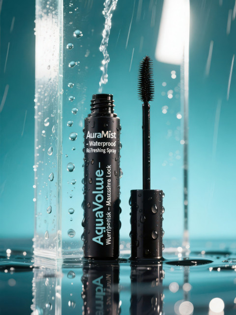 Waterproof mascara wand behind glass with water drops and teal glow Waterproof mascara wand behind glass with water drops and teal glow