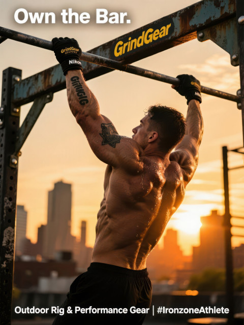 Crossfit athlete at top of pull up on outdoor rig with sunset city view Crossfit athlete at top of pull up on outdoor rig with sunset city view