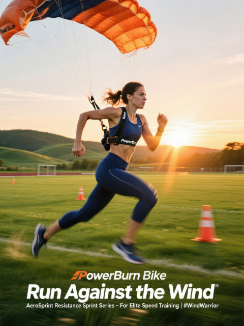 Female athlete sprinting with resistance parachute across grassy field at golden sunset Female athlete sprinting with resistance parachute across grassy field at golden sunset