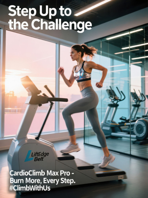 Energetic woman training on stair climber in glass walled gym at sunrise with warm light and cardio focus fitness products chat gpt prompts Energetic woman training on stair climber in glass walled gym at sunrise with warm light and cardio focus fitness products chat gpt prompts