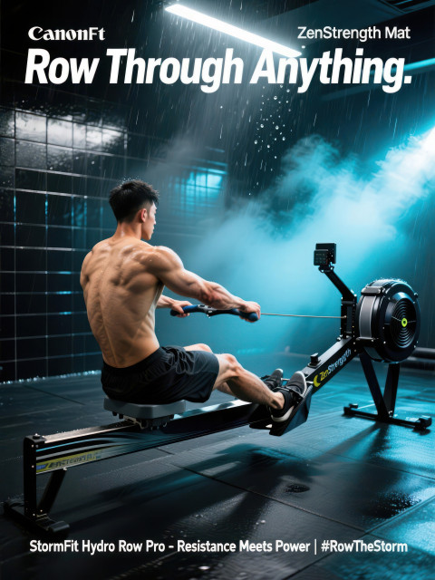 Strong man rowing hard on machine in misty gym with dramatic lights Strong man rowing hard on machine in misty gym with dramatic lights