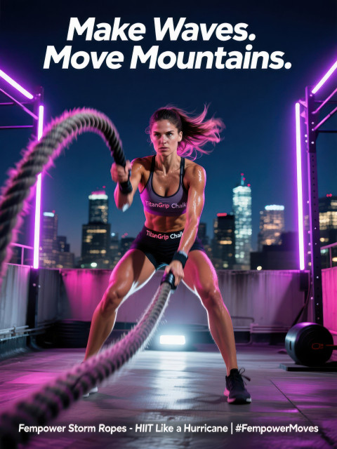 Female athlete slamming battle ropes on rooftop gym at night Female athlete slamming battle ropes on rooftop gym at night
