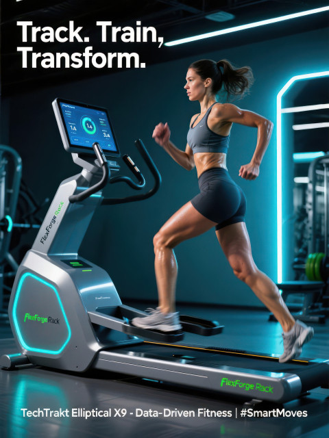 Focused woman mid stride on elliptical cross trainer Focused woman mid stride on elliptical cross trainer