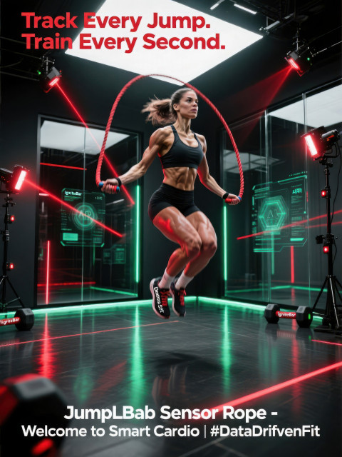 Female athlete mid air jump rope in motion capture studio Female athlete mid air jump rope in motion capture studio