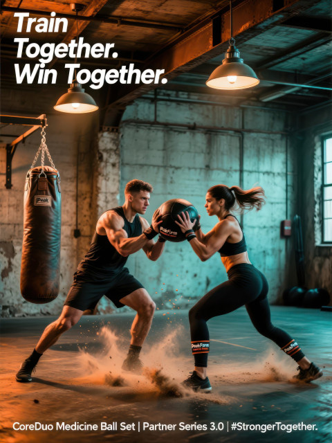 Man and woman twisting with medicine ball together in rustic warehouse gym Man and woman twisting with medicine ball together in rustic warehouse gym