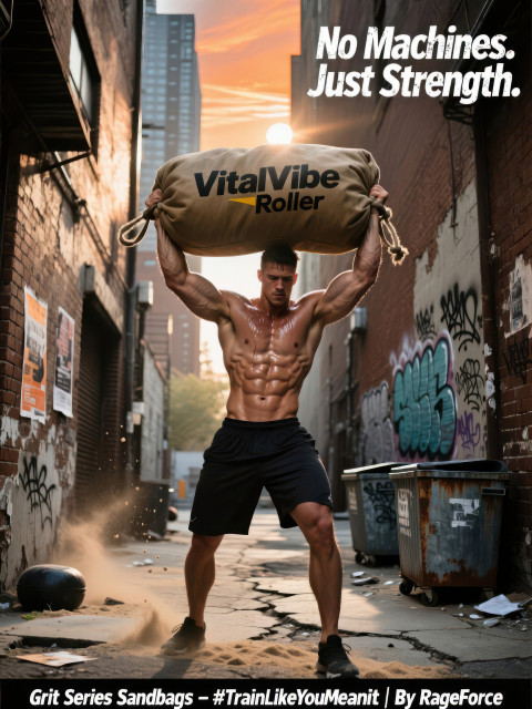 Strong man raising heavy sandbag overhead in gritty urban alley gym with dust Strong man raising heavy sandbag overhead in gritty urban alley gym with dust