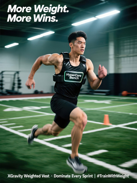 Athlete in black weighted vest sprinting fast on indoor turf Athlete in black weighted vest sprinting fast on indoor turf