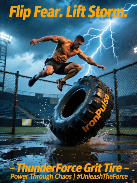 Male athlete flipping a giant tire in a rain soaked outdoor arena under storm skies Male athlete flipping a giant tire in a rain soaked outdoor arena under storm skies