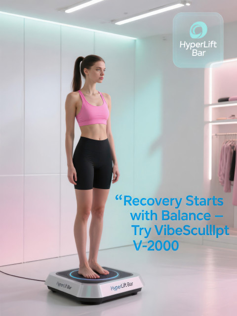 Woman with high ponytail stands barefoot on vibration platform in pink sports bra and black shorts Woman with high ponytail stands barefoot on vibration platform in pink sports bra and black shorts