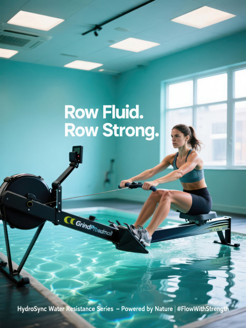 Calm female athlete rows indoors on water machine in aqua studio Calm female athlete rows indoors on water machine in aqua studio