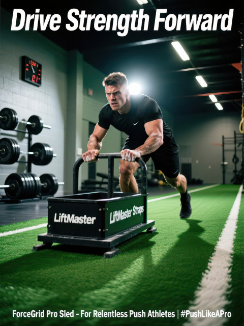Strong man pushes weighted sled on turf in sports gym Strong man pushes weighted sled on turf in sports gym