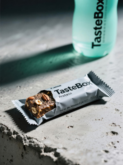 Protein bar wrapper partly open showing nuts and chia seeds on concrete with sporty cool gym light Protein bar wrapper partly open showing nuts and chia seeds on concrete with sporty cool gym light