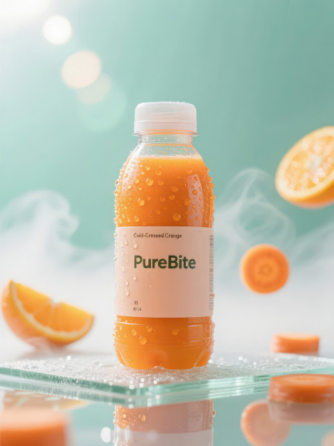 Cold pressed carrot orange juice bottle with condensation Cold pressed carrot orange juice bottle with condensation