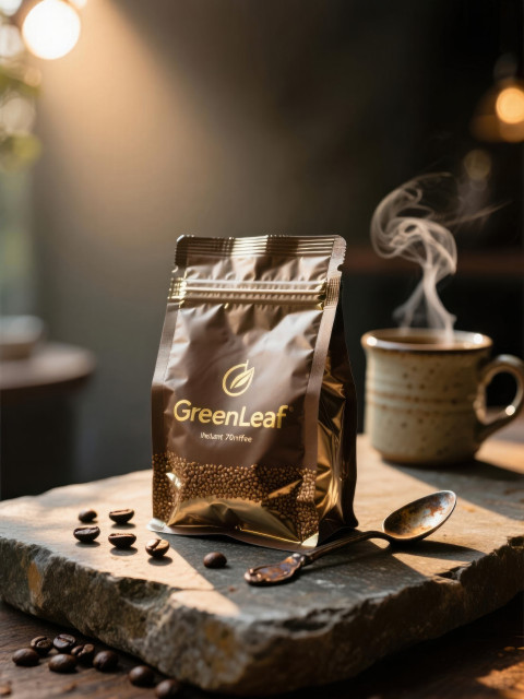 Earth toned coffee pouch with gold foil branding on stone slab with beans Earth toned coffee pouch with gold foil branding on stone slab with beans