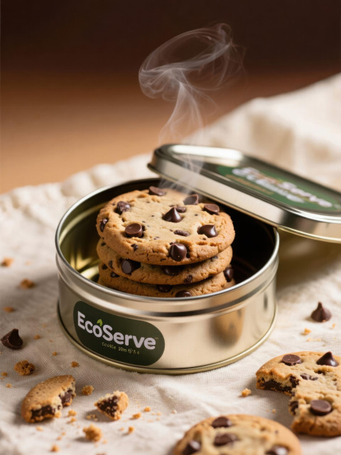Metallic cookie tin open with stacked chocolate chip cookies on cream linen backdrop with crumbs and warm fresh vibe Metallic cookie tin open with stacked chocolate chip cookies on cream linen backdrop with crumbs and warm fresh vibe