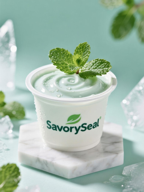 White yogurt cup with mint swirl on marble White yogurt cup with mint swirl on marble