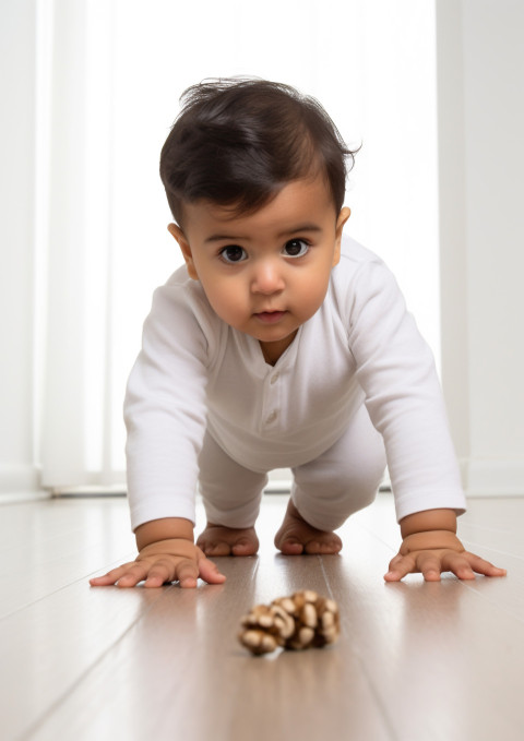 a baby crawling on a white floor a baby crawling on a white floor