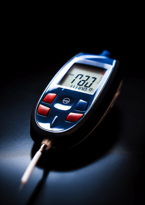 A close-up of a glucometer with a single drop A close-up of a glucometer with a single drop, diabetes concept
