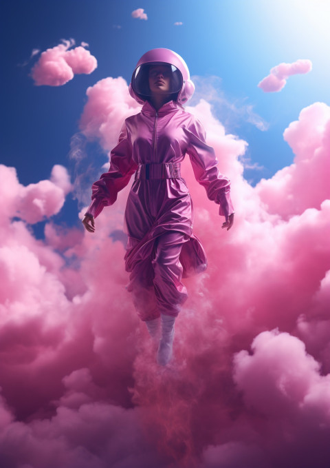 A blue man is flying up into the dark blue sky through the cloud A blue man is flying up into the dark blue sky through the cloud
