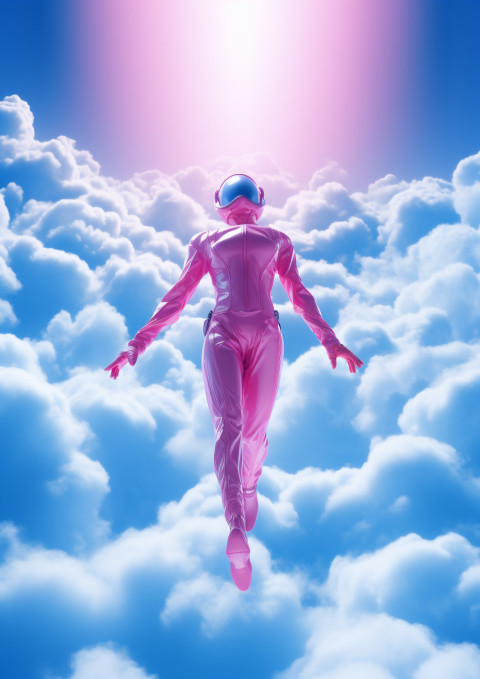 A blue man is flying up into the dark blue sky through the cloud A blue man is flying up into the dark blue sky through the cloud