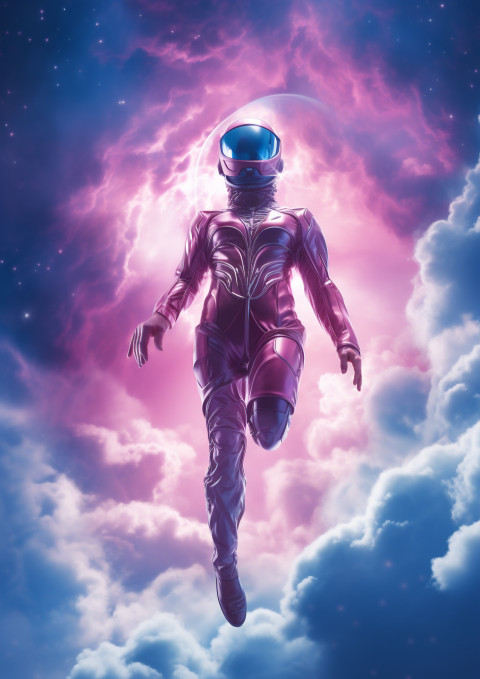 A blue man is flying up into the dark blue sky through the cloud A blue man is flying up into the dark blue sky through the cloud